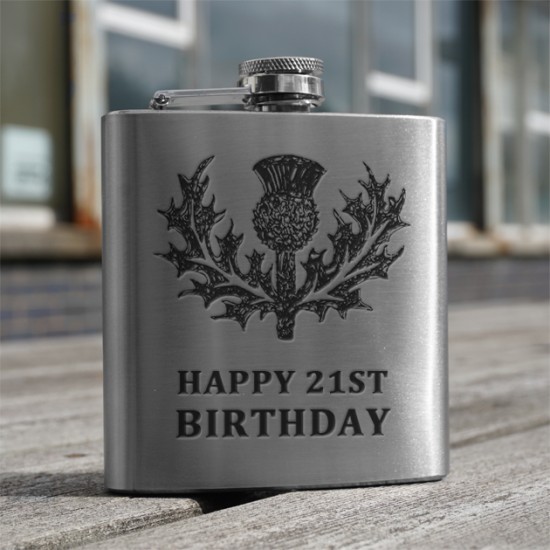 HF6 21 - 6oz Stainless Steel Hip Flask 'Happy 21st' HF6 21 - 6oz Stainless Steel Hip Flask 'Happy 21st'