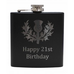 HF6 B 21 - 6oz Matt Black Hip Flask 'Happy 21st'