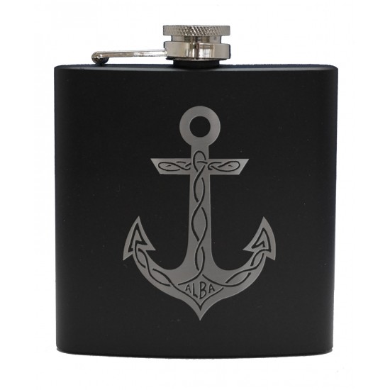 HF6 B AN - 6oz Matt Black Hip Flask Anchor