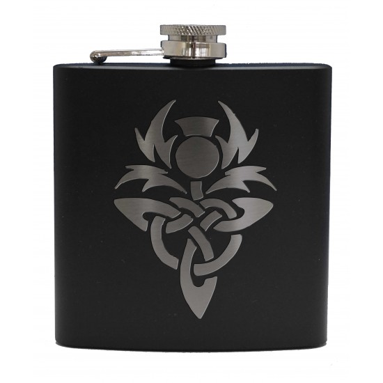 HF6 B CT - 6oz Matt Black Hip Flask Celtic Thistle