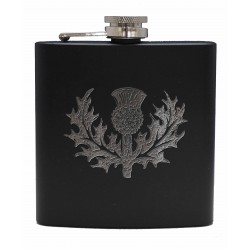 HF6 B TH - 6oz Matt Black Hip Flask Thistle